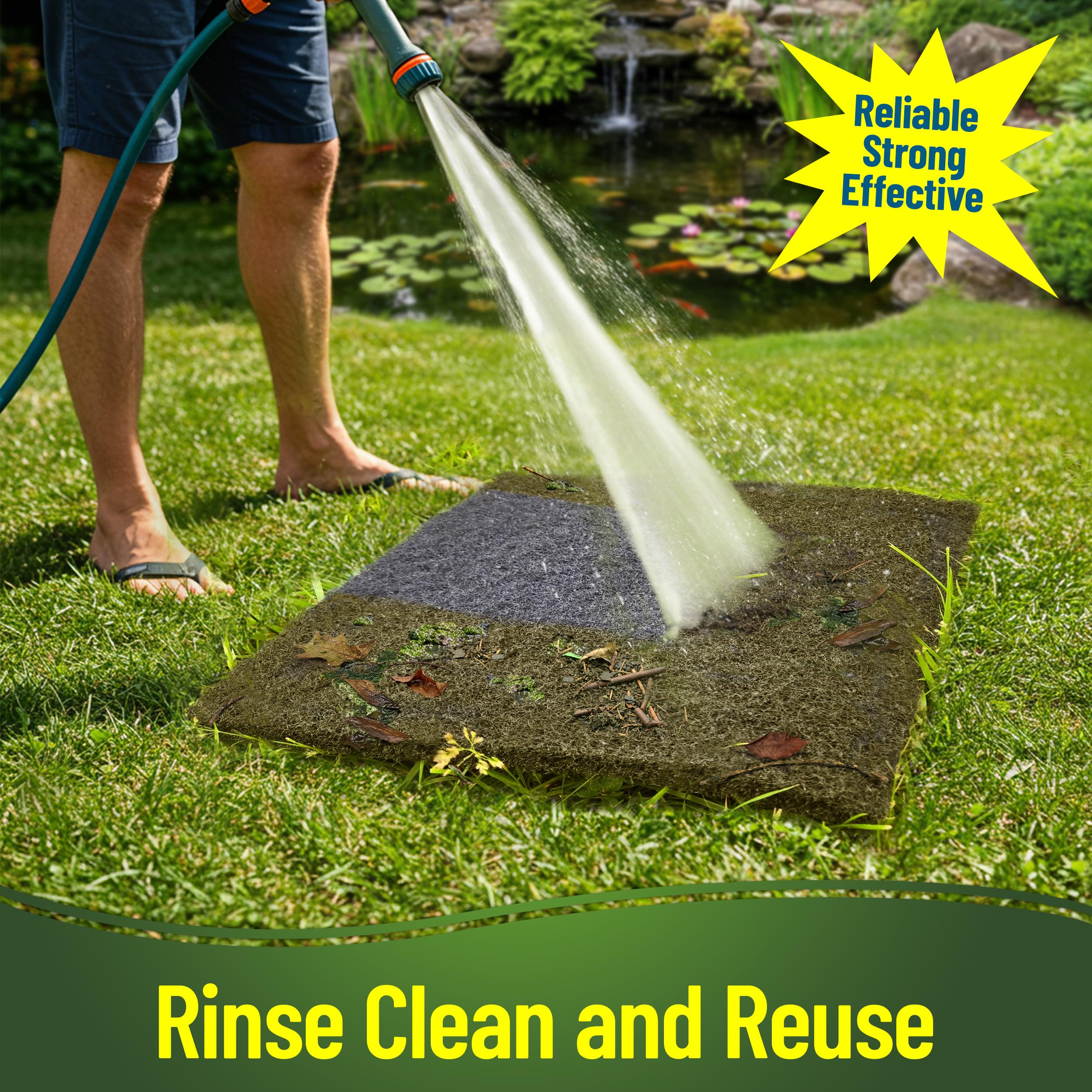 Aquatic Experts pad being rinsed with a hose showing easy cleaning and reuse benefit
