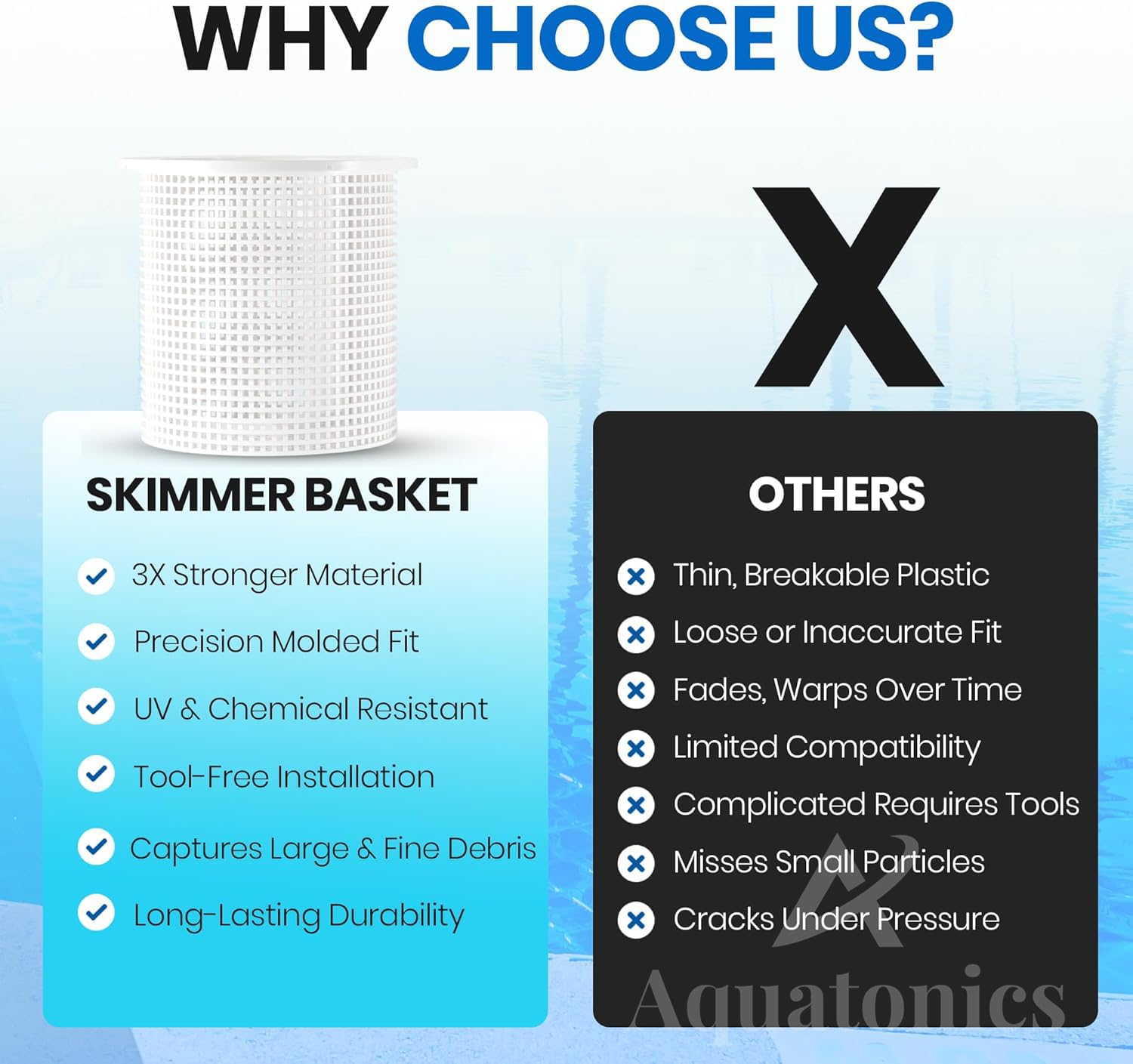 Aquatonics basket with skimmer sock demonstrating enhanced fine debris capture