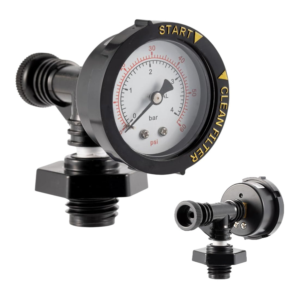 Aquatonics front view of brass valve and gauge showing durable construction and clear dial