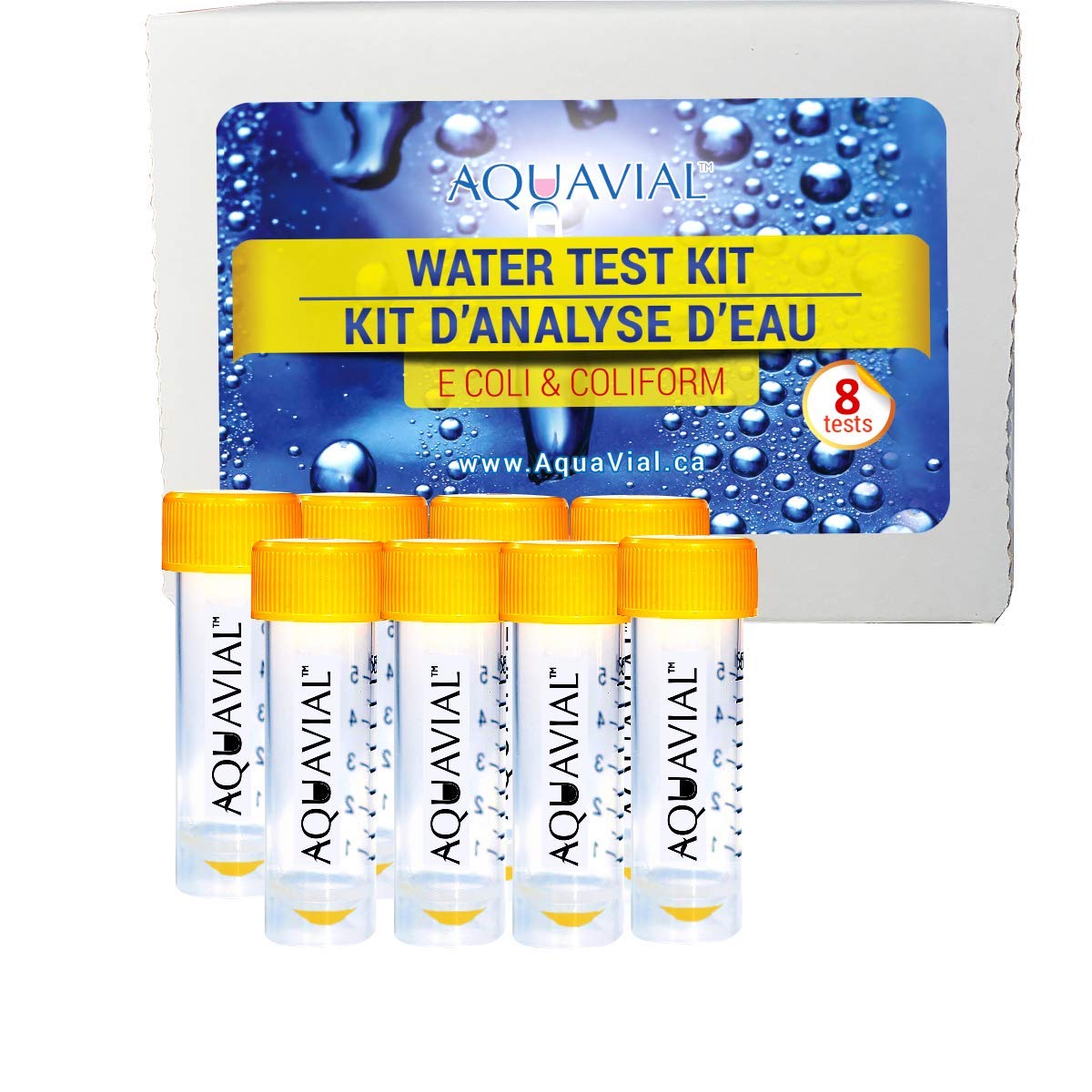 AquaVial front packaging showing 8-test kit and brand for quick water screening