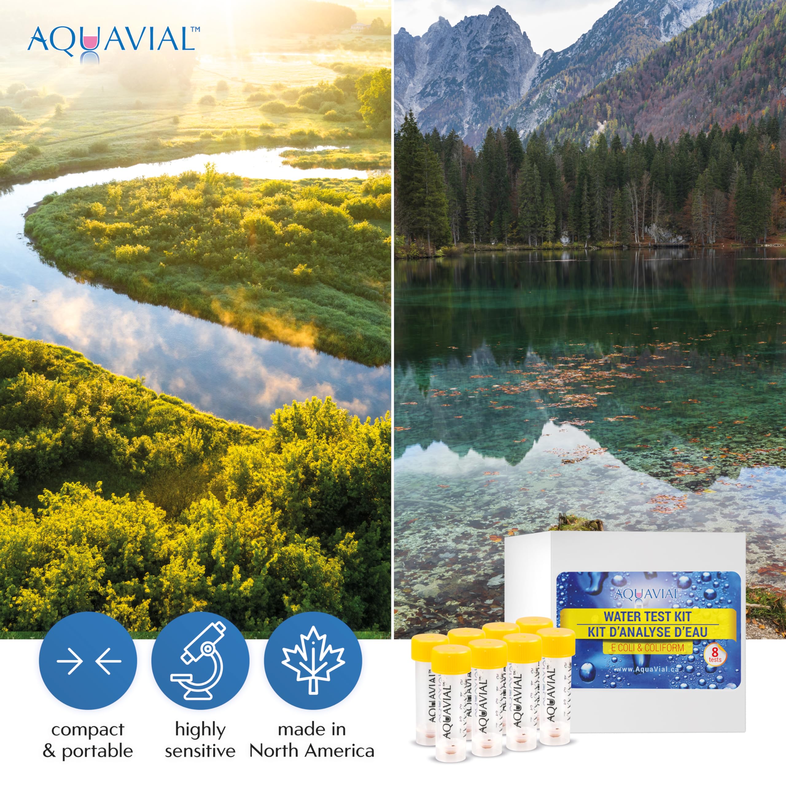 AquaVial kit staged at a kitchen sink to demonstrate household water testing convenience