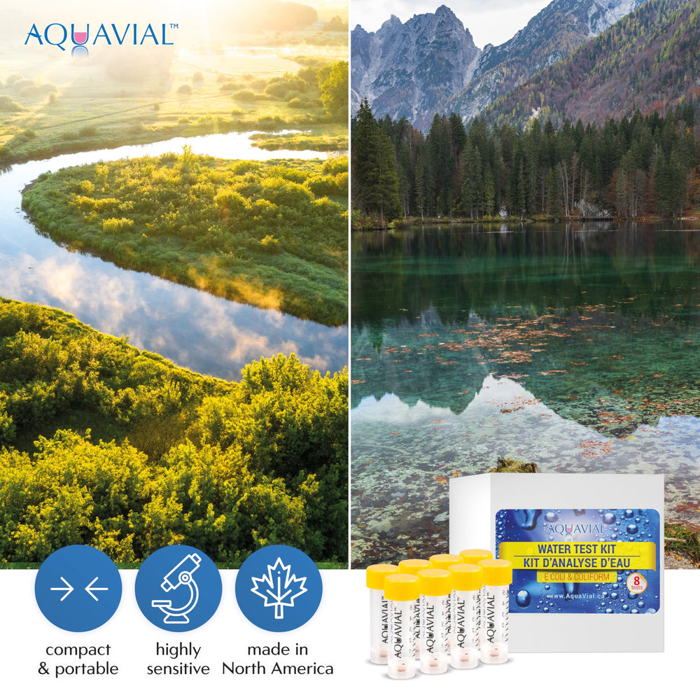 AquaVial kit staged at a kitchen sink to demonstrate household water testing convenience