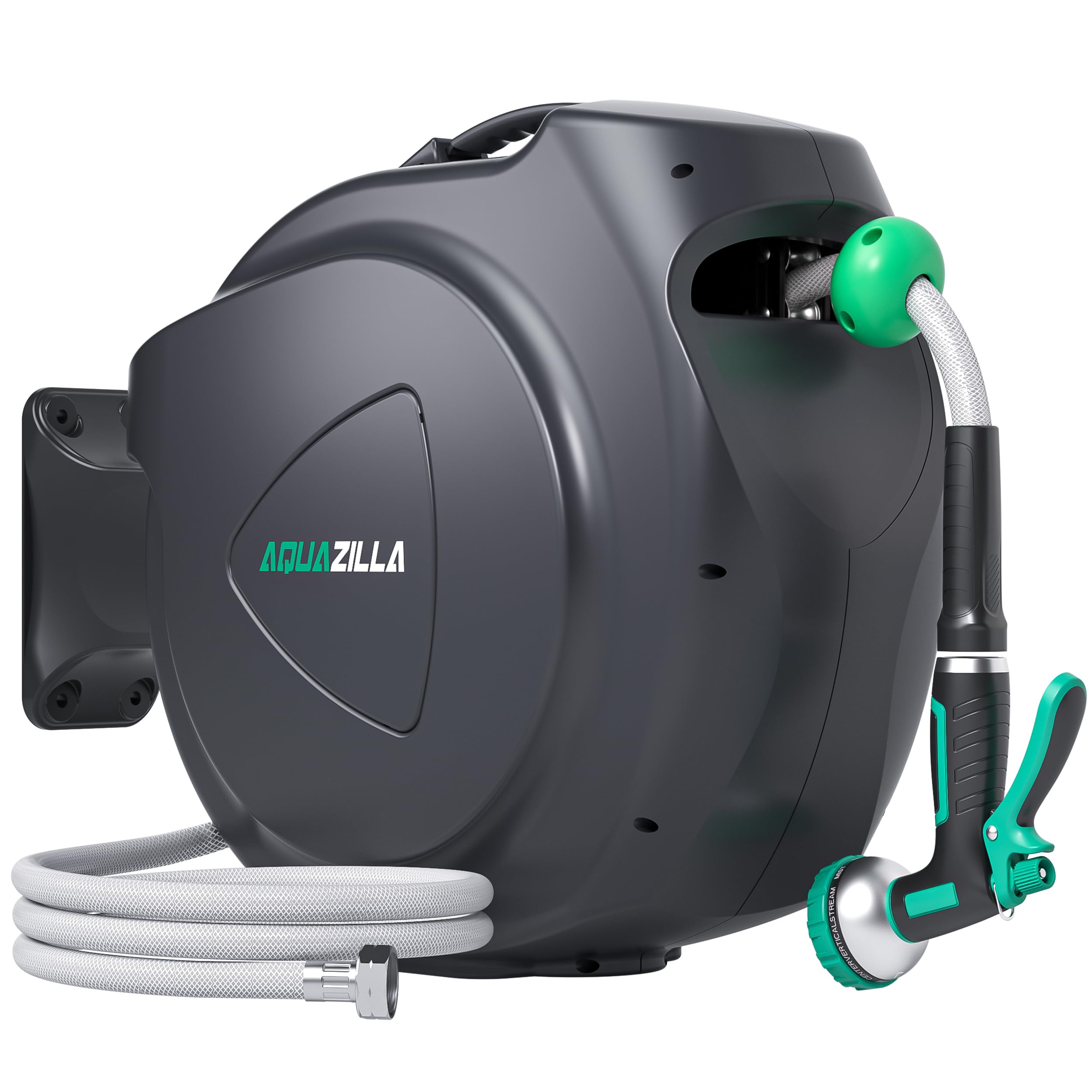 AQUAZILLA front view of mounted reel showing compact storage and neat rewind