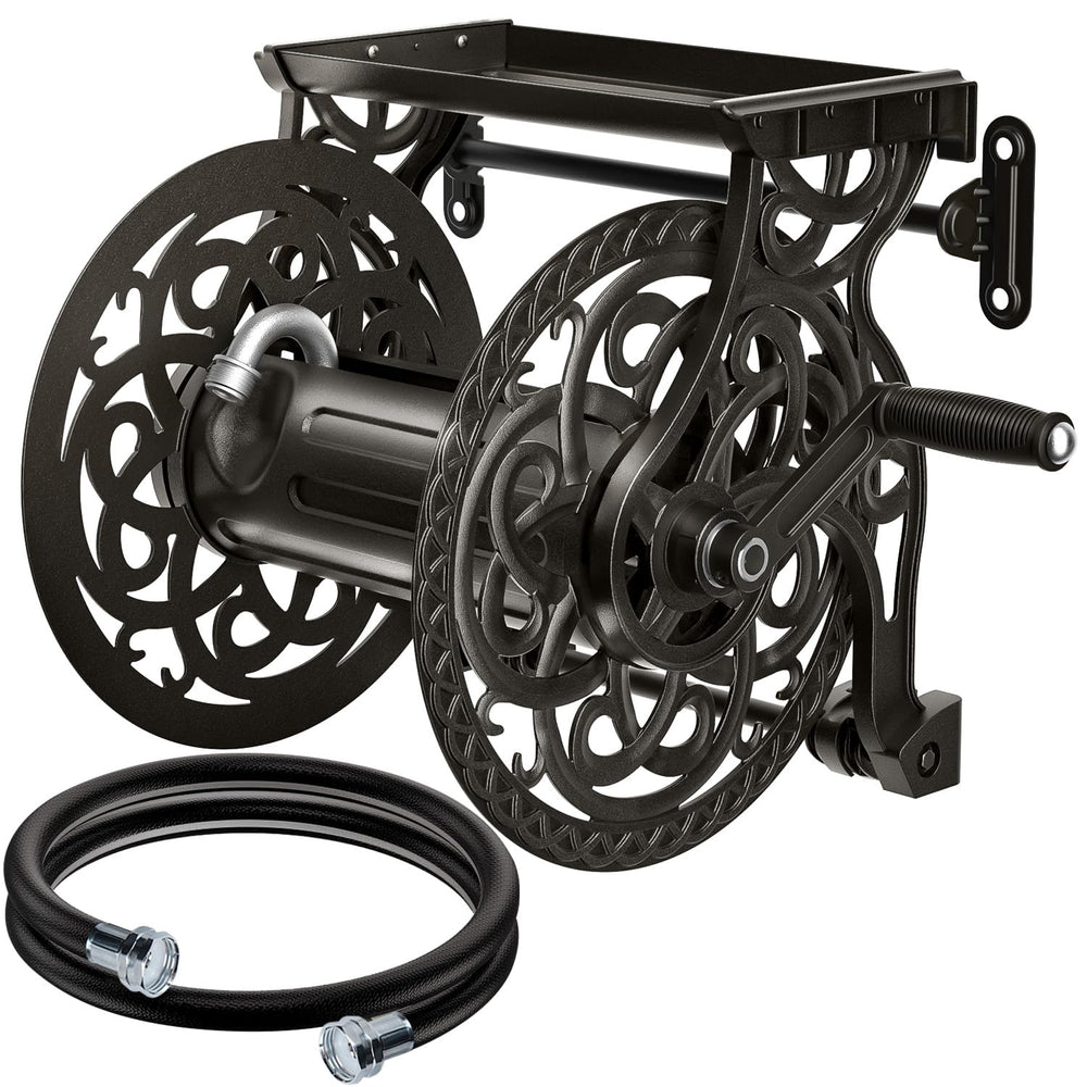 AQUAZILLA front view of mounted hose reel showing durable construction and decorative finish