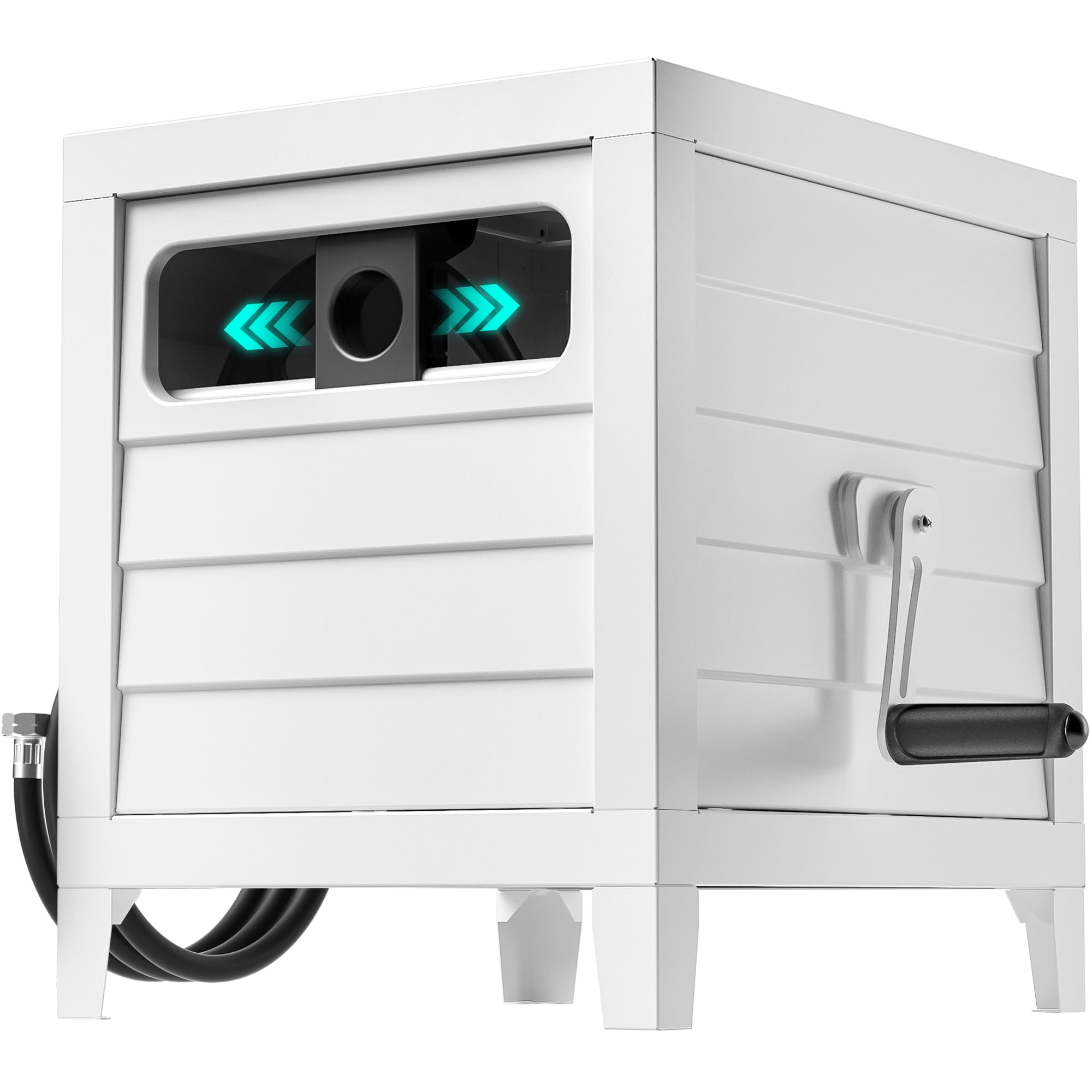 AQUAZILLA front view of white metal hose reel box showing tidy outdoor storage benefit