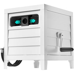 AQUAZILLA front view of white metal hose reel box showing tidy outdoor storage benefit