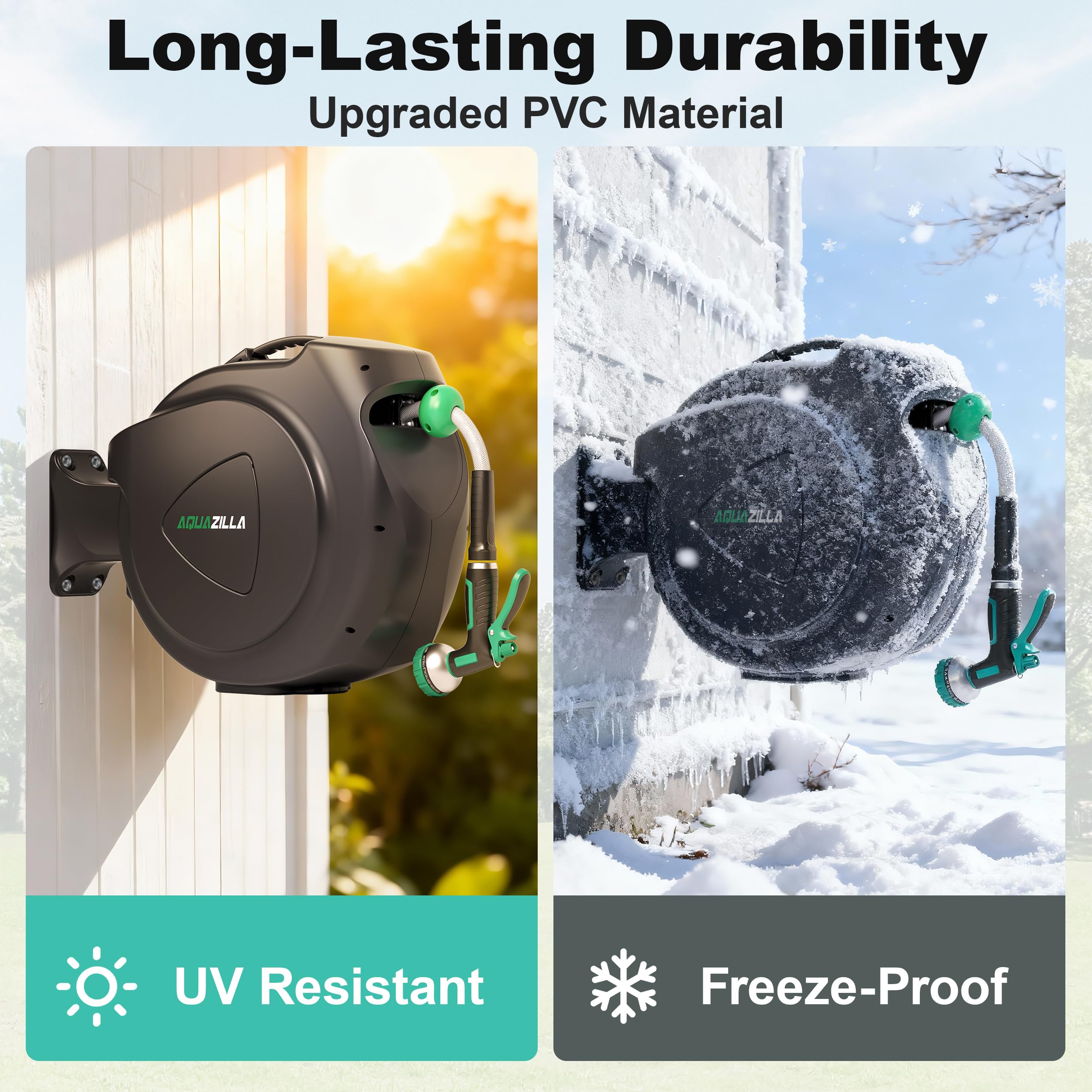 AQUAZILLA close-up of kink-resistant hose highlighting durability benefit