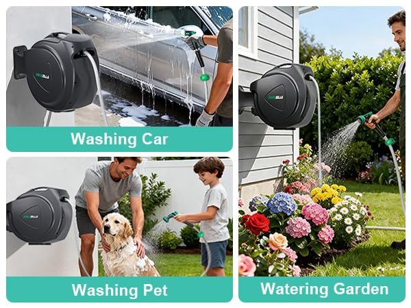 AQUAZILLA hose retracting smoothly into reel to prevent kinks