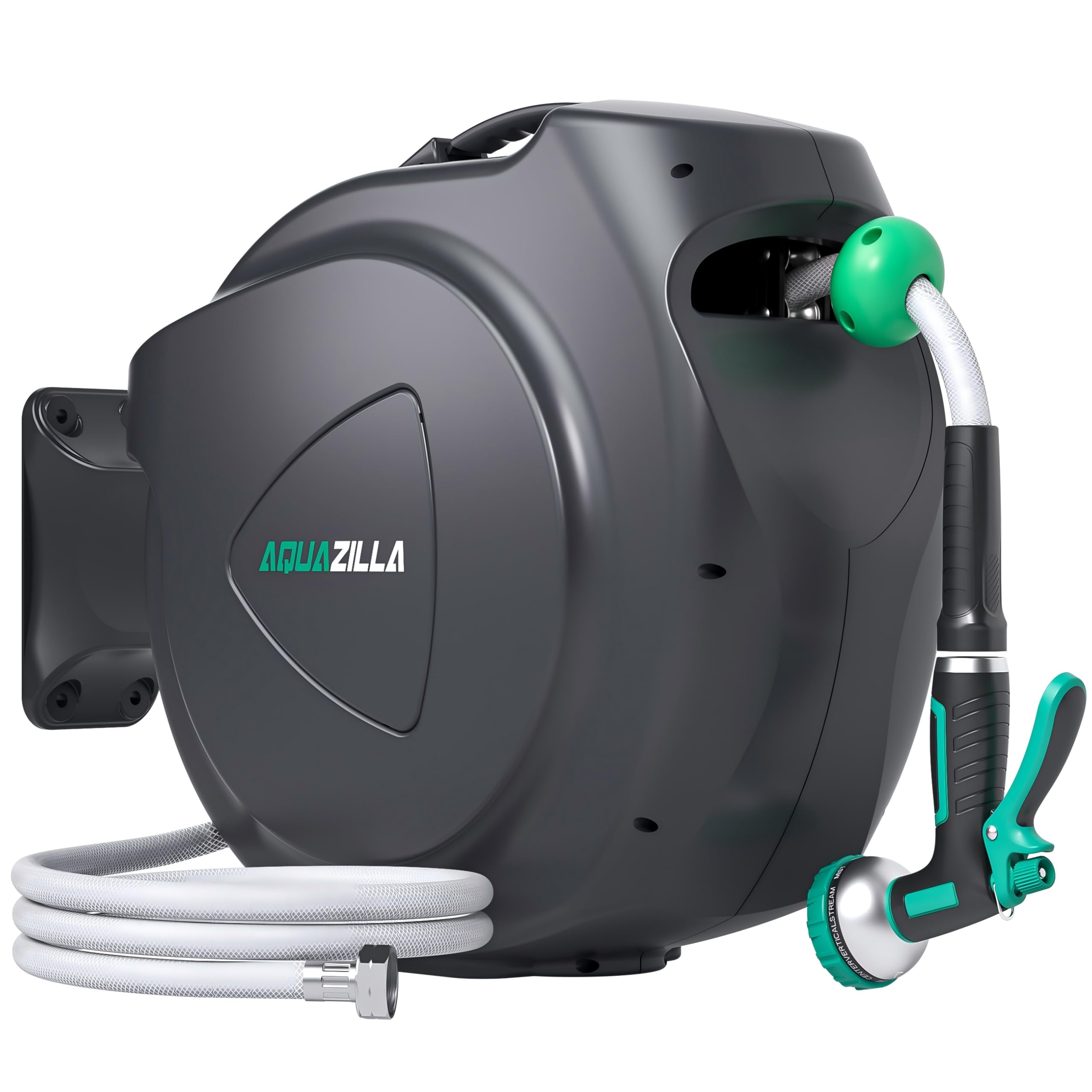 AQUAZILLA front view of retractable hose reel showing compact wall storage benefit