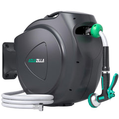 AQUAZILLA front view of retractable hose reel showing compact wall storage benefit