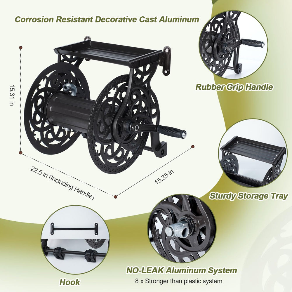 AQUAZILLA hose reel with ruler showing capacity and visual size comparison