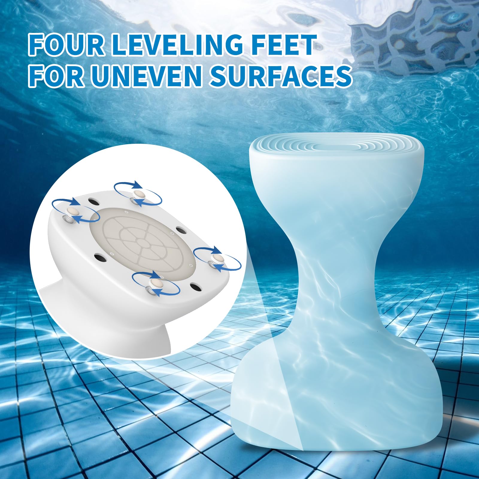 Aquenelle pool stool underside showing pre-filled weight chamber for balance