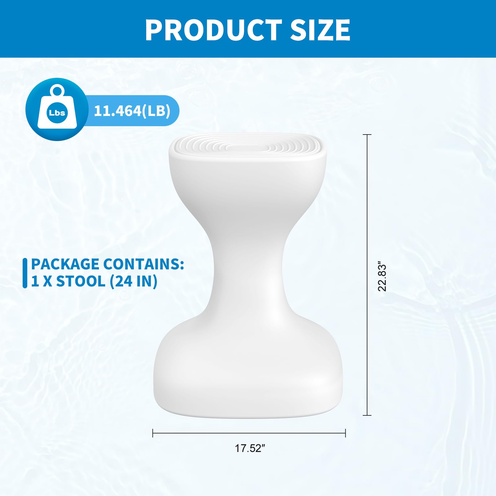 Aquenelle stool next to lounge chair showing scale and compact footprint for patios