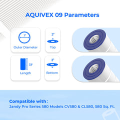 AQUIVEX cartridge side profile highlighting 33-inch length and 7-inch diameter for scale