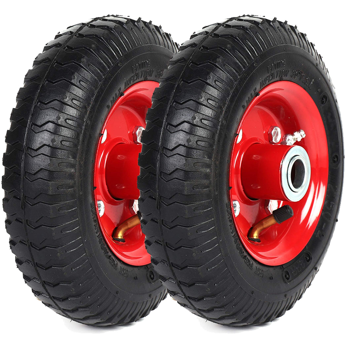 AR-PRO front view of both pre-mounted 2.80/2.50-4" wheelsets showing steel rims and tires for quick replacement