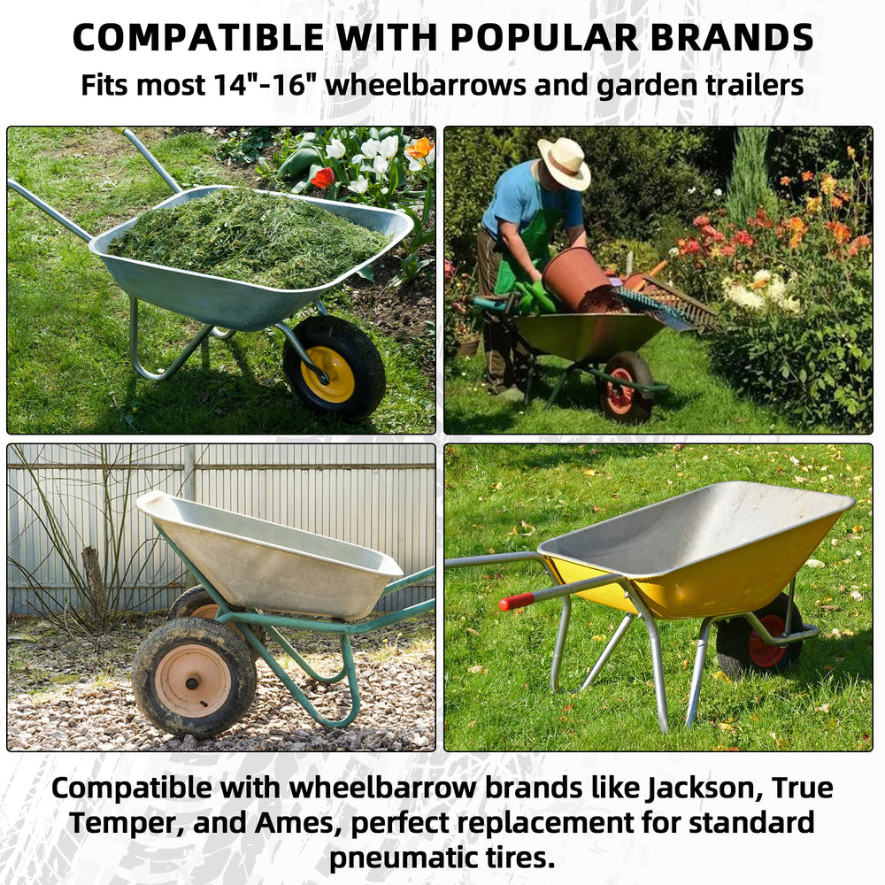 AR-PRO wheel mounted on wheelbarrow in garden for maintenance-free hauling