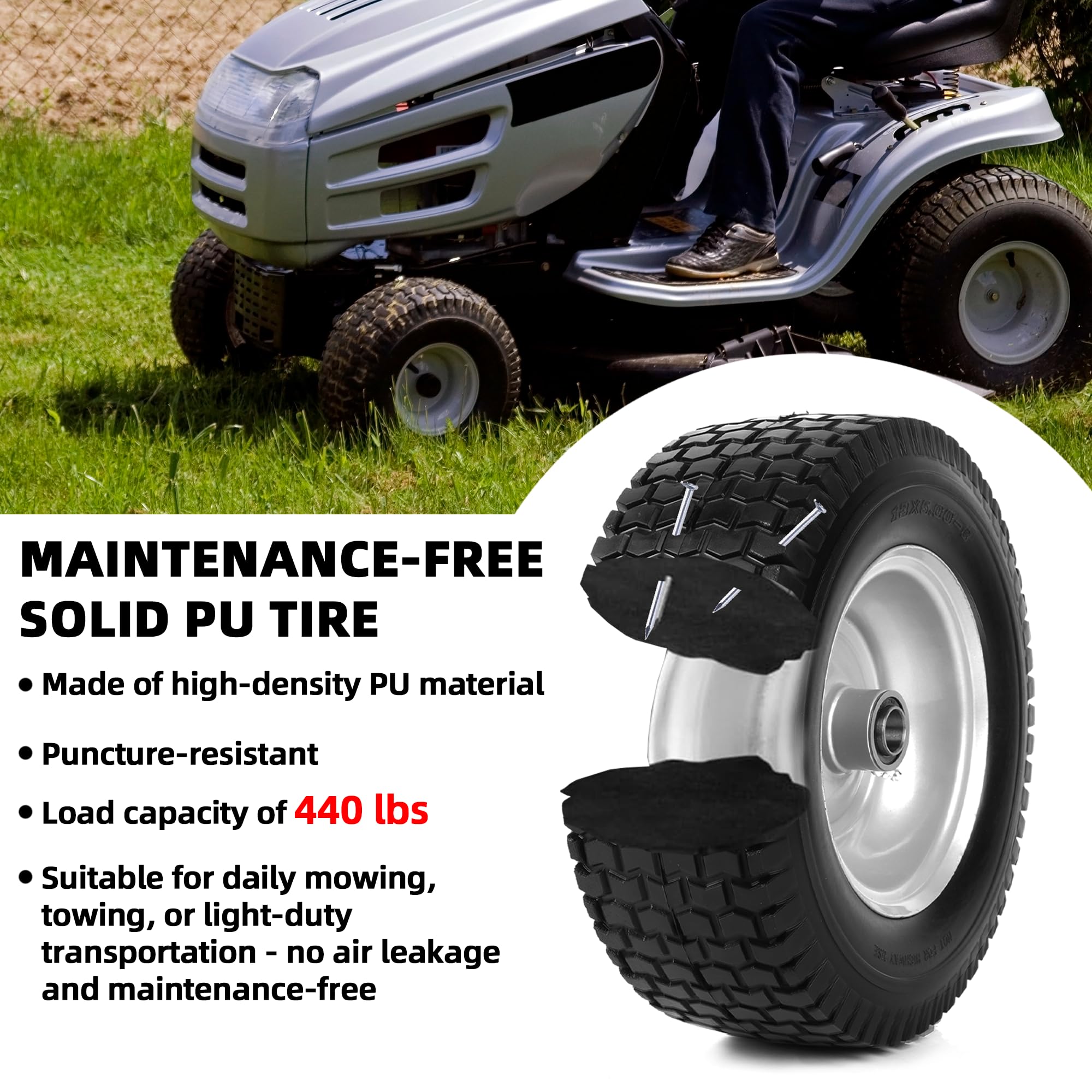 AR-PRO wheel installed on riding mower, reliable flat-free performance while mowing