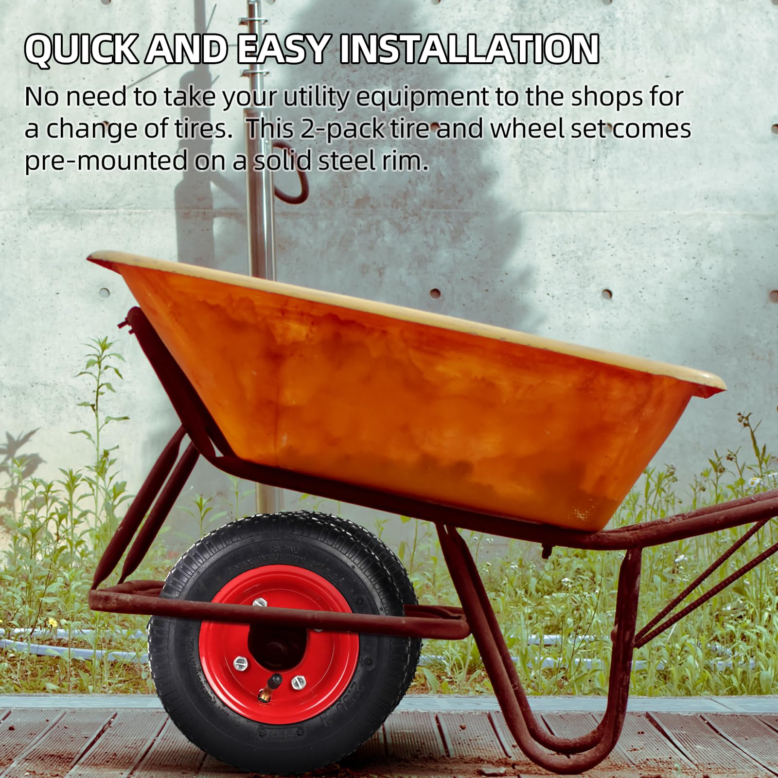 AR-PRO wheel installed on a wheelbarrow illustrating improved handling and easier load movement