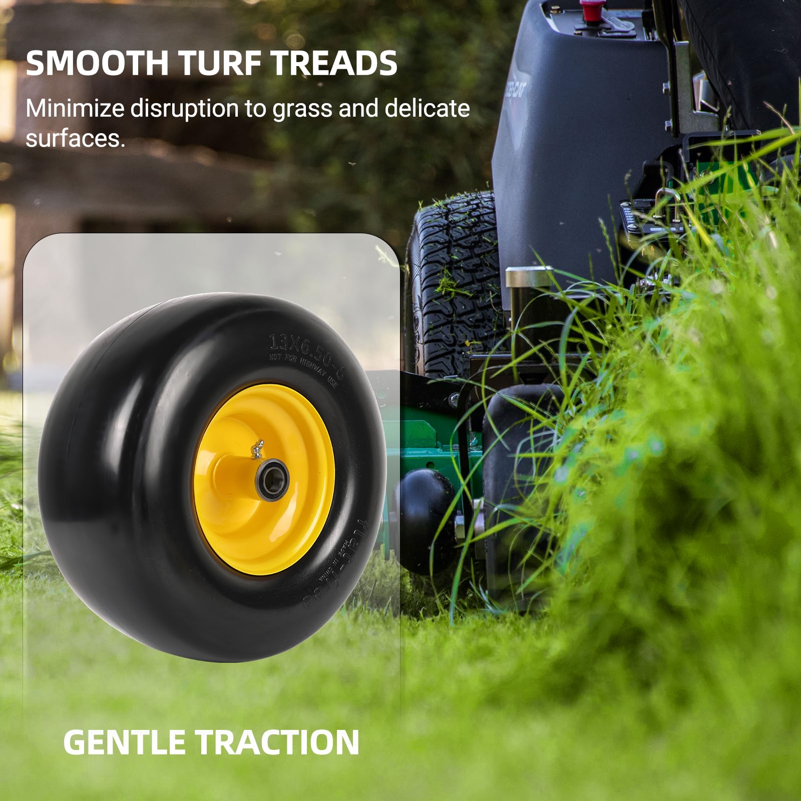 AR-PRO wheel installed on zero-turn mower front minimizing turf marks