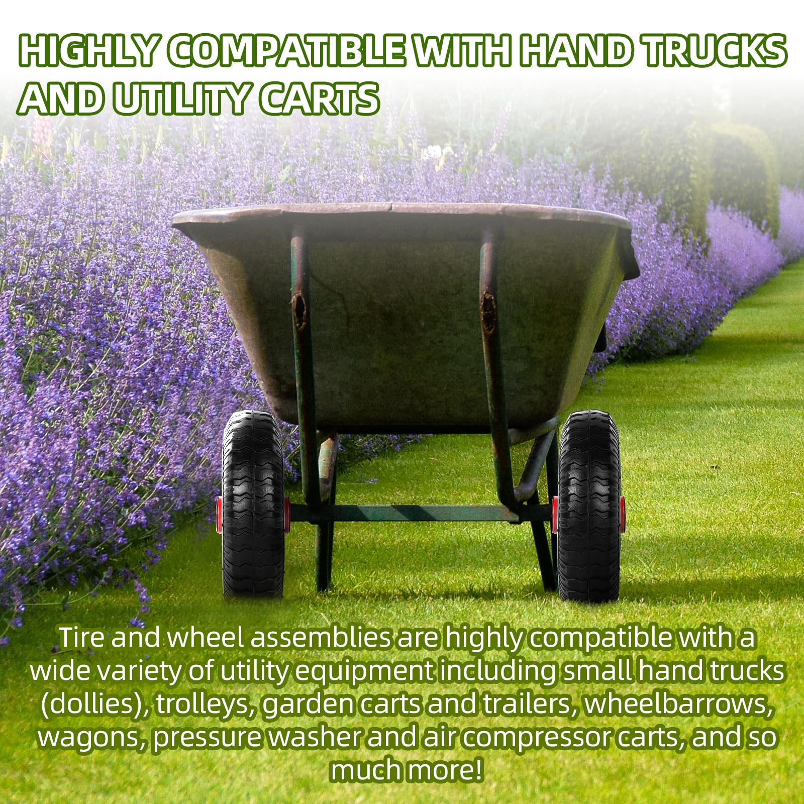 AR-PRO wheel in a garden cart setting highlighting comfortable ride and commercial-duty appearance