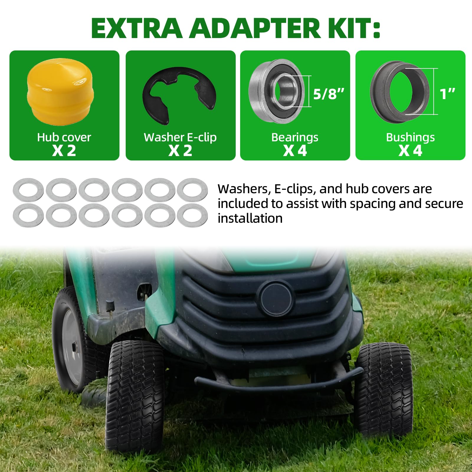 AR-PRO wheels on lawn tractor in yard offering maintenance-free, flat-free use