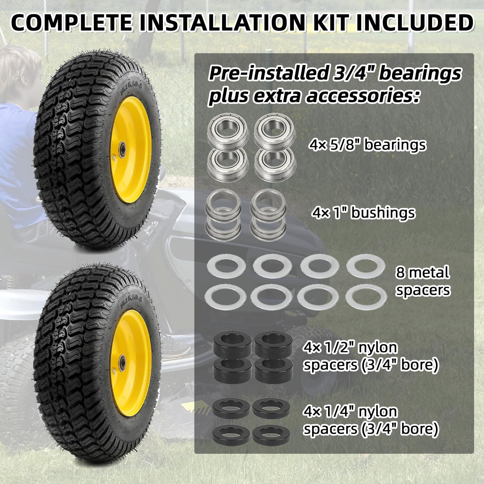 AR-PRO wheels on a garden tractor in a yard illustrating dependable performance during mowing