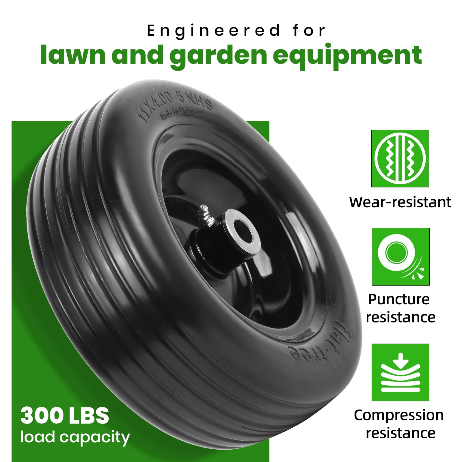 AR-PRO wheel installed on mower front showing stable, flat-free performance