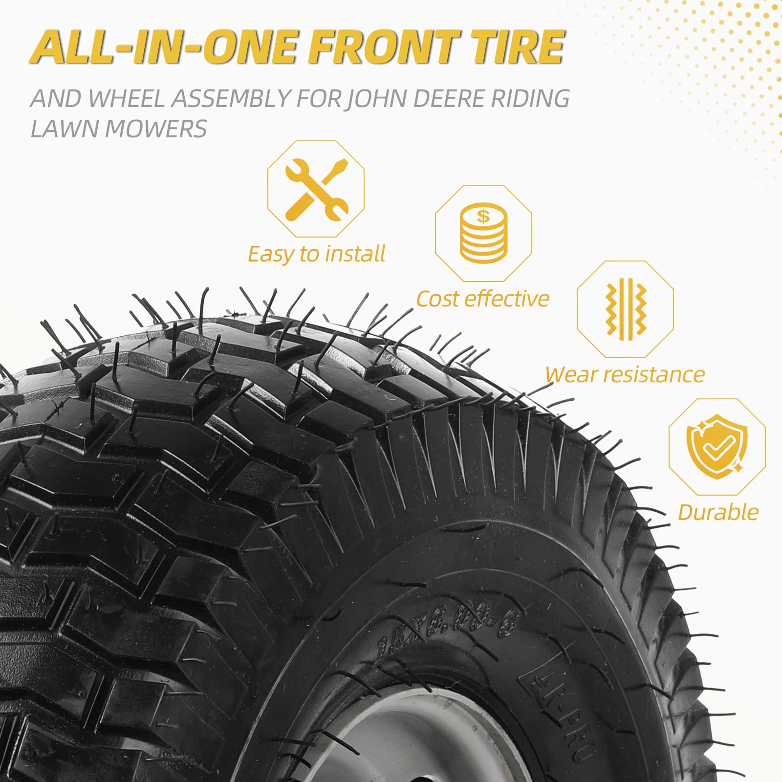 AR-PRO wheel installed on riding mower improving steering and protecting lawn