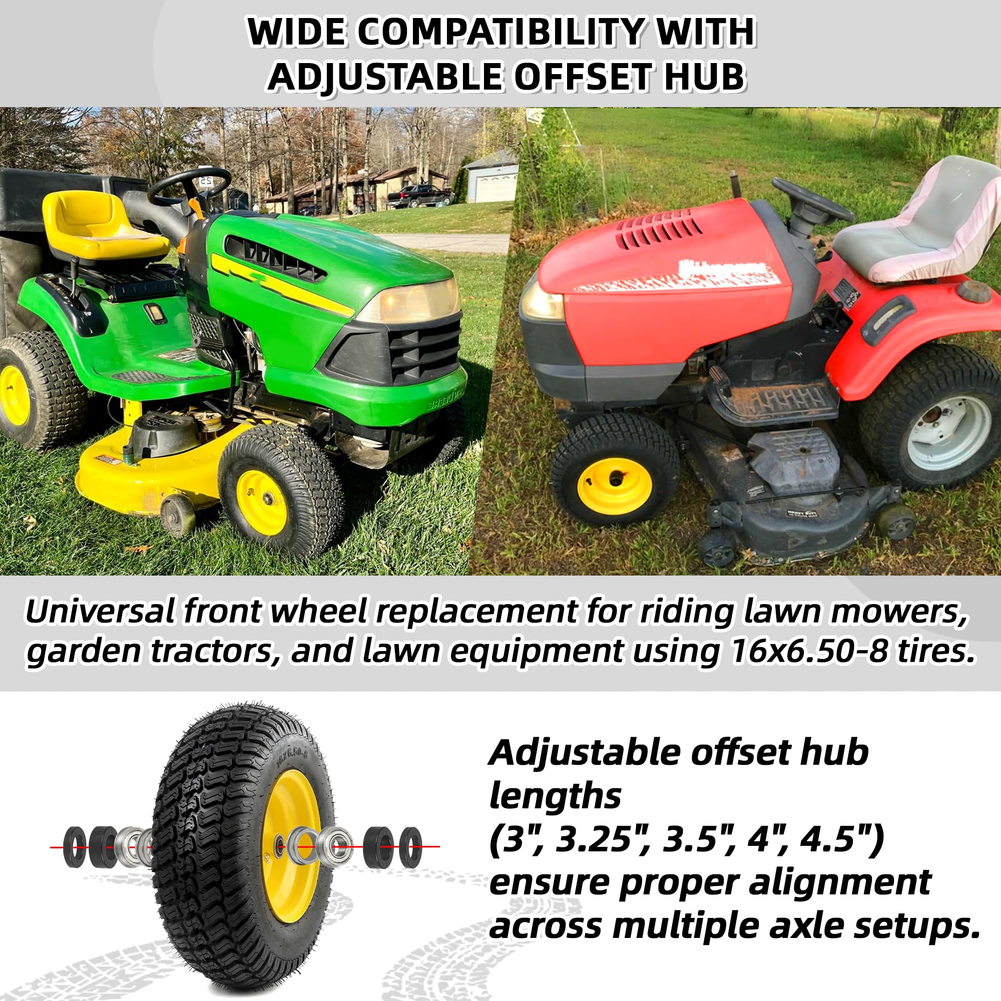 AR-PRO wheel mounted on a riding mower demonstrating fit and stable traction for mowing