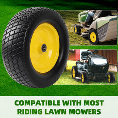 AR-PRO wheel mounted on lawn tractor front demonstrating puncture-free performance and steady steering