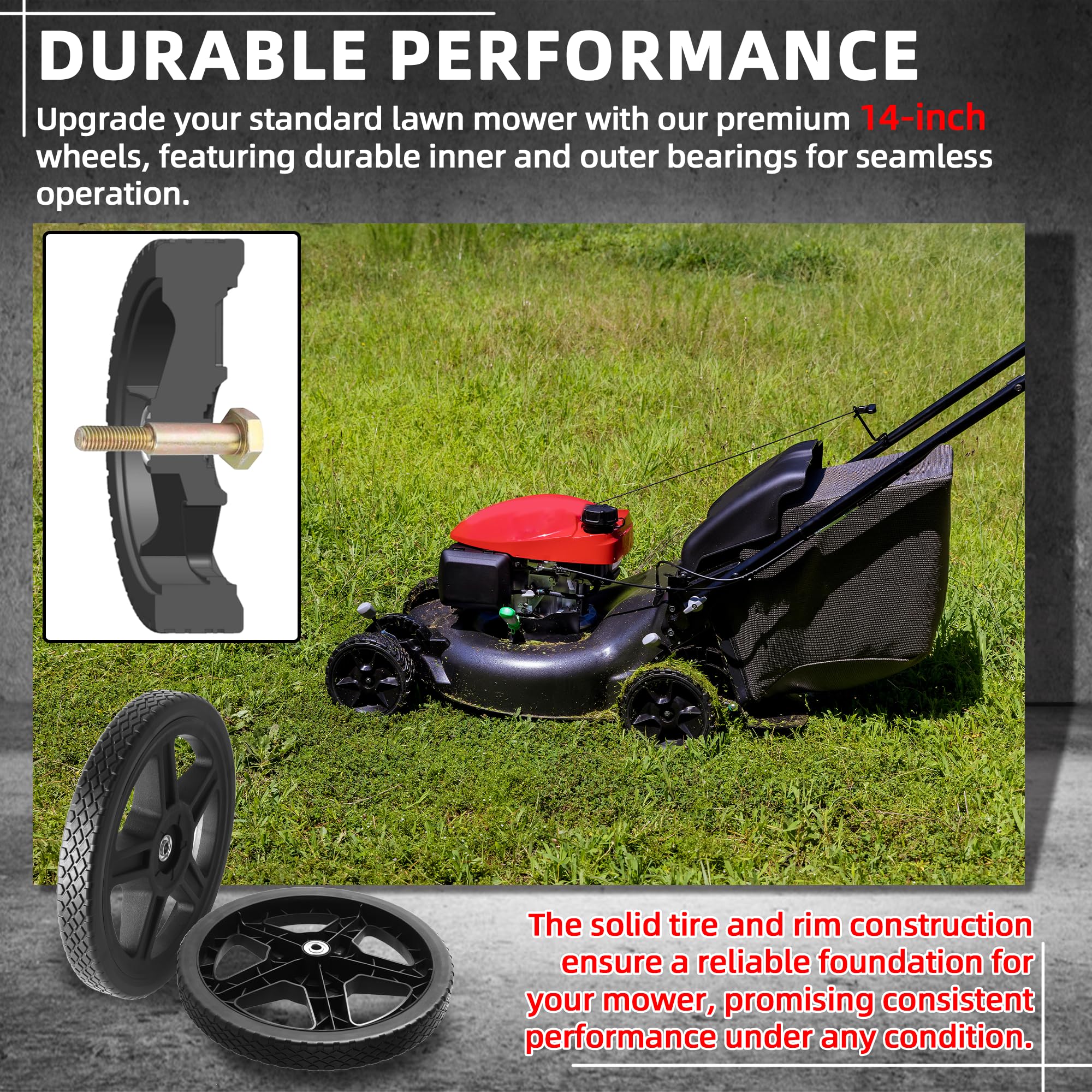 AR-PRO wheel mounted on a push mower demonstrating smoother handling benefit