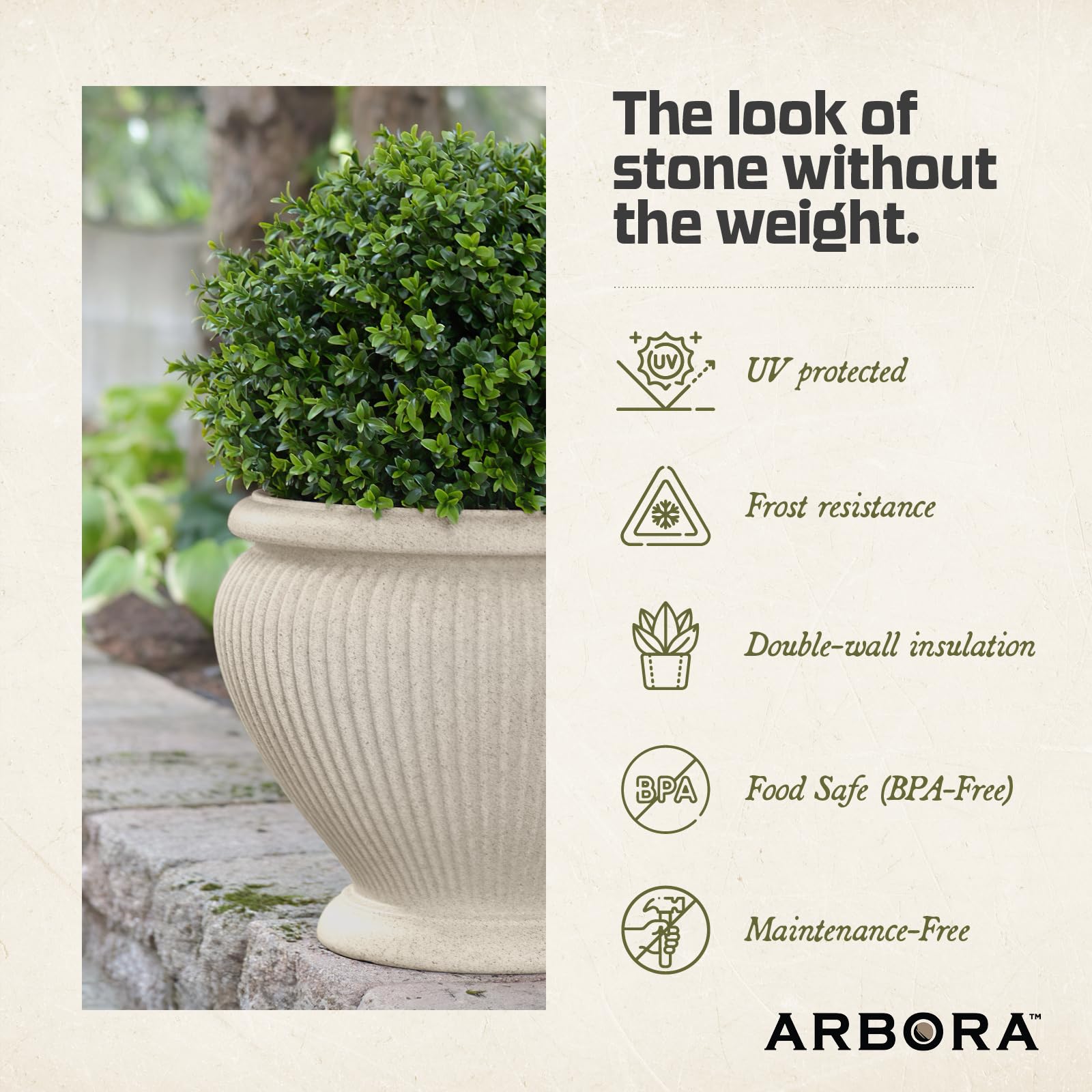 ARBORA Cannes Urn on pedestal display elevating plants for better visibility and airflow