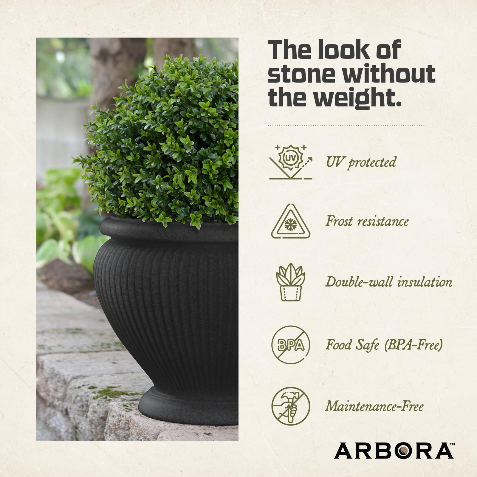 ARBORA Cannes Urn on patio filled with mixed flowers for instant decor upgrade