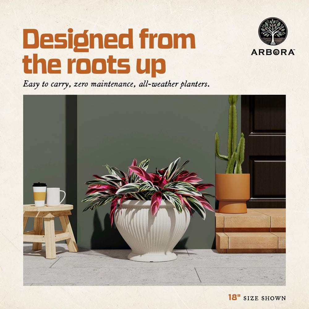 ARBORA Cannes Urn filled with mixed plants demonstrating generous 22-quart capacity