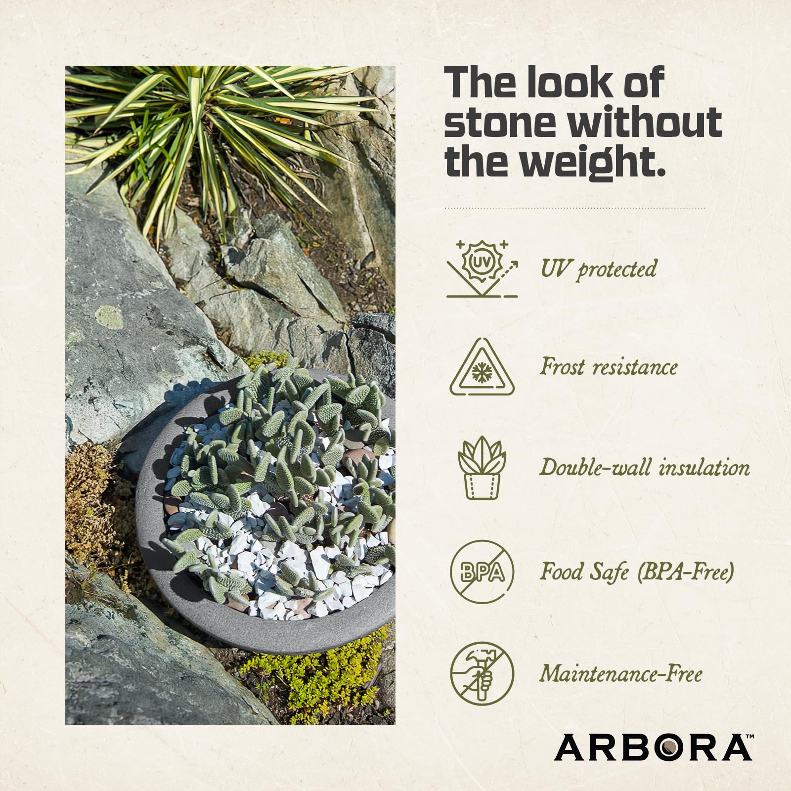 ARBORA Santorini Bowl filled with succulents displaying planting versatility and aesthetics
