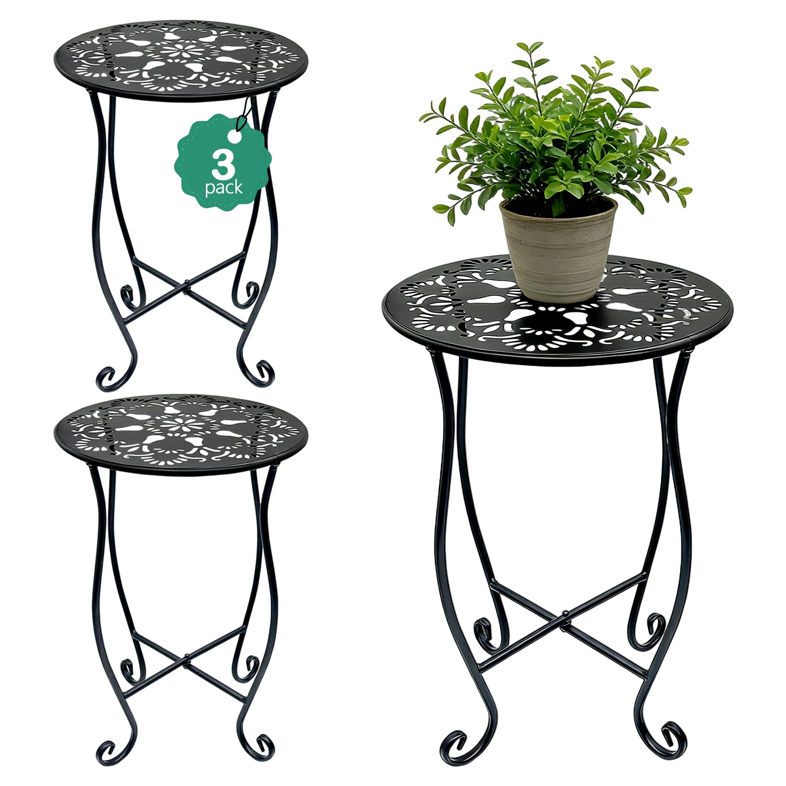 Arbuxzuy front view of three matching metal plant stands showing compact display benefit