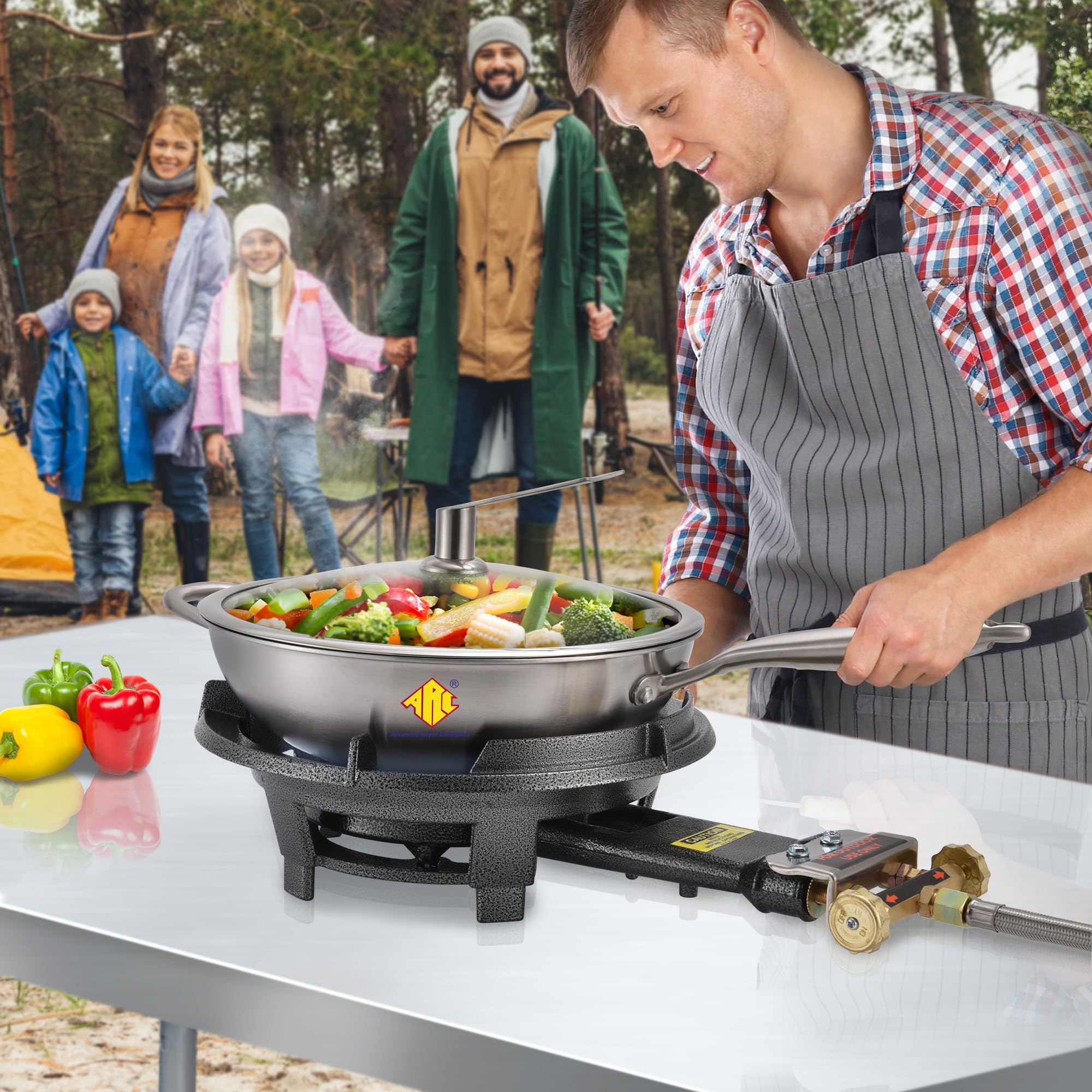 ARC Advanced Royal Champion beside a measuring tape showing dimensions and cookware fit