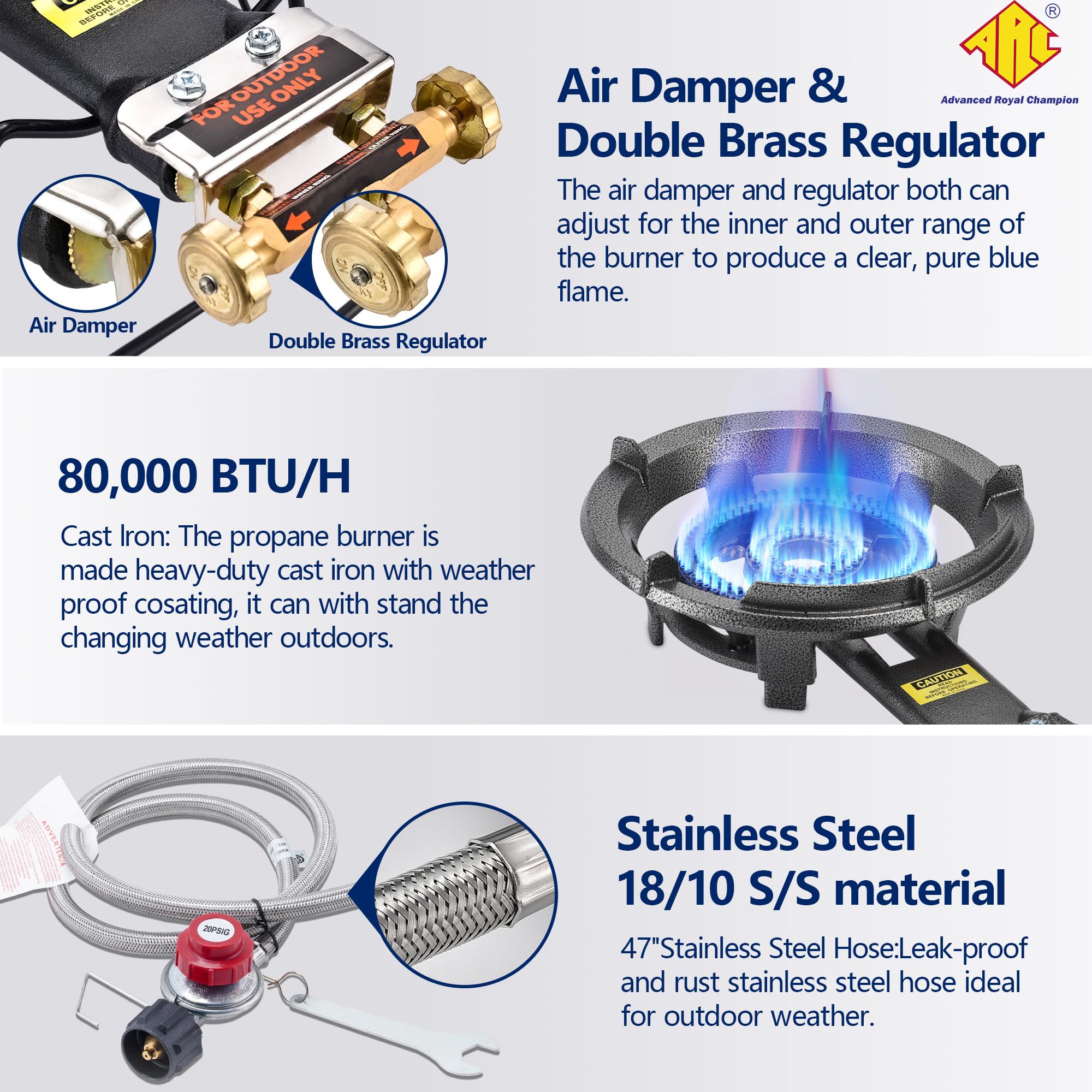 ARC Advanced Royal Champion brass double valve and CSA regulator for precise flame control