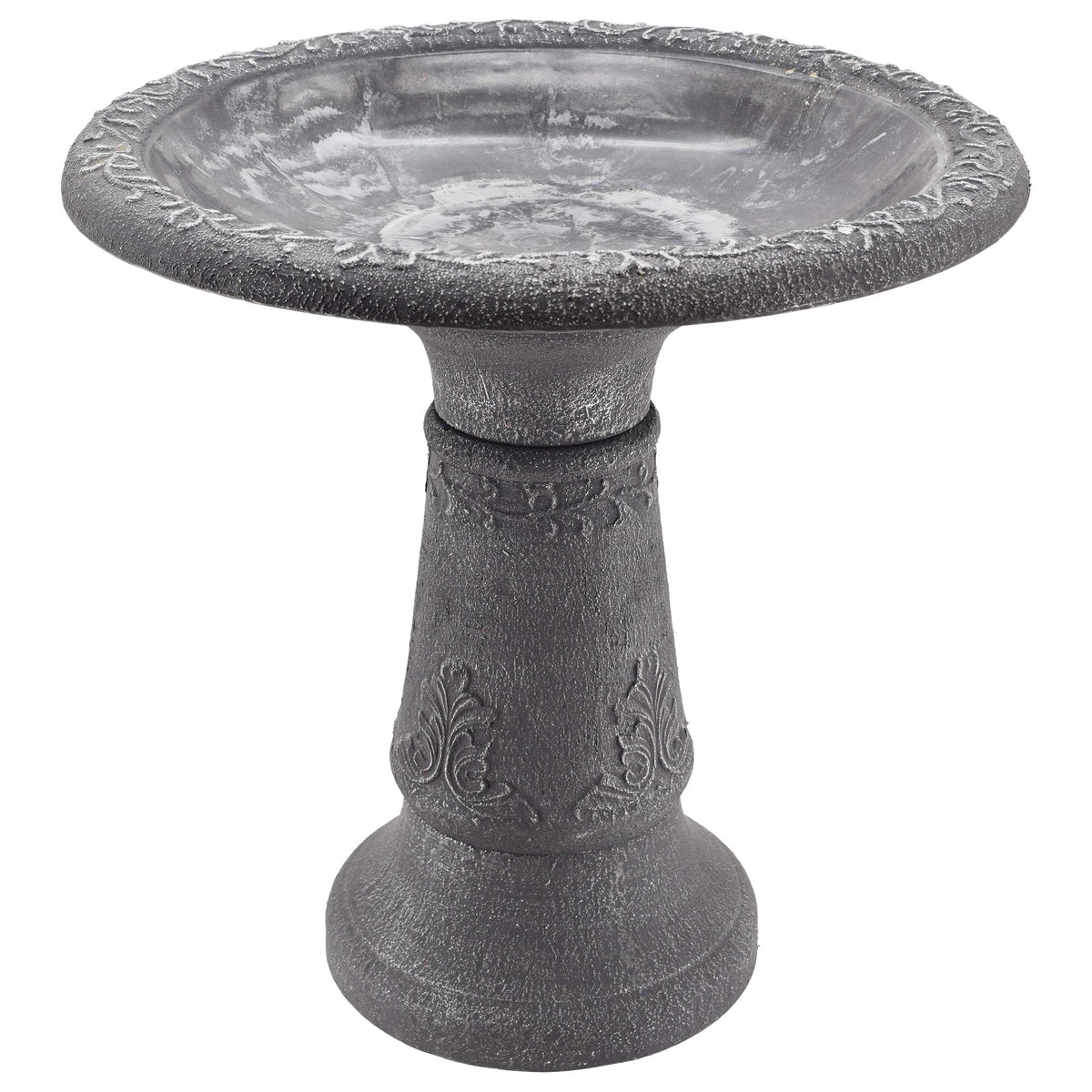 Arcadia Garden Products front view of the antique black bird bath showing shape and finish