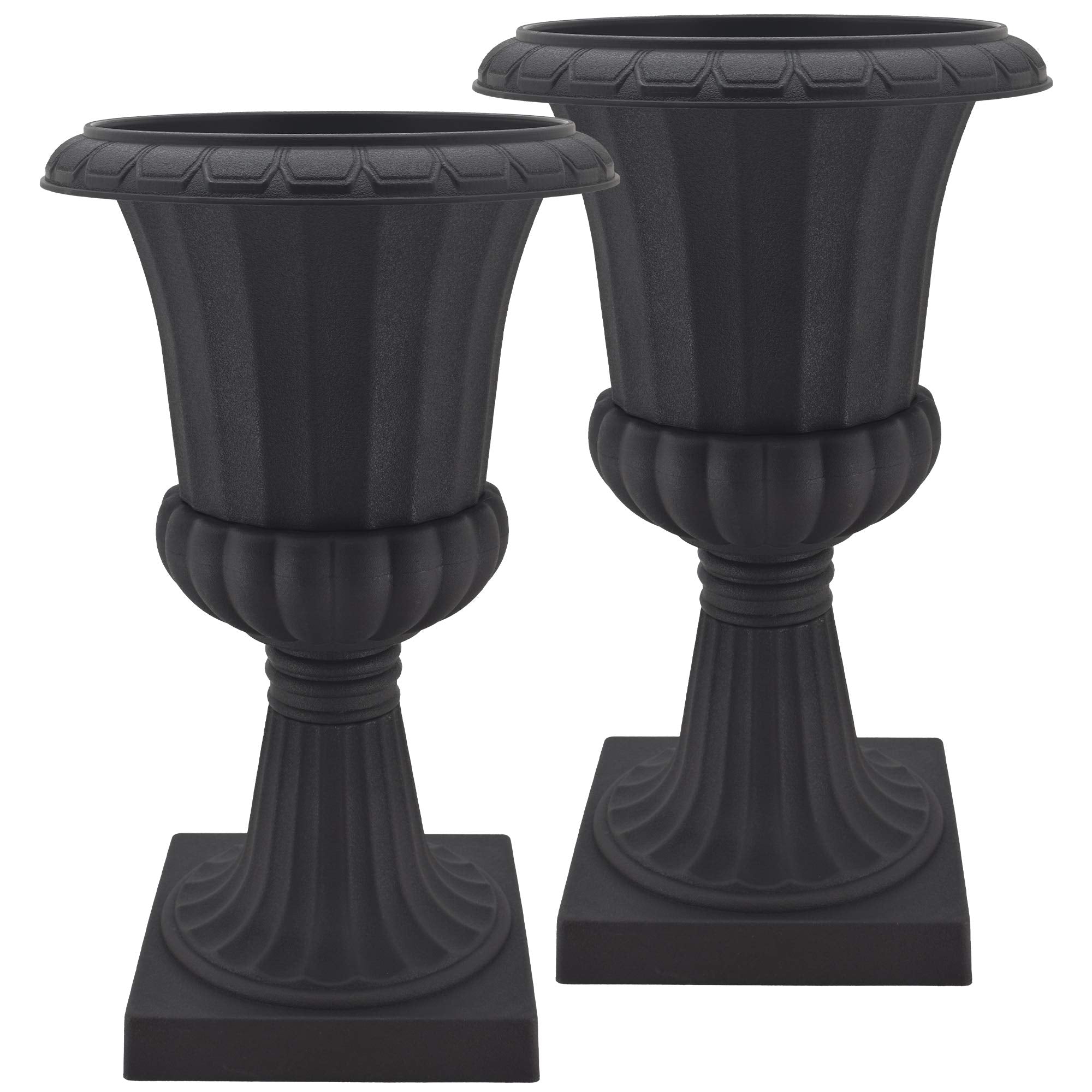 Arcadia Garden Products front view of black pedestal urn showing elegant shape and instant curb appeal
