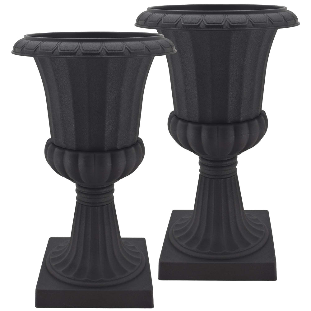Arcadia Garden Products front view of black pedestal urn showing elegant shape and instant curb appeal