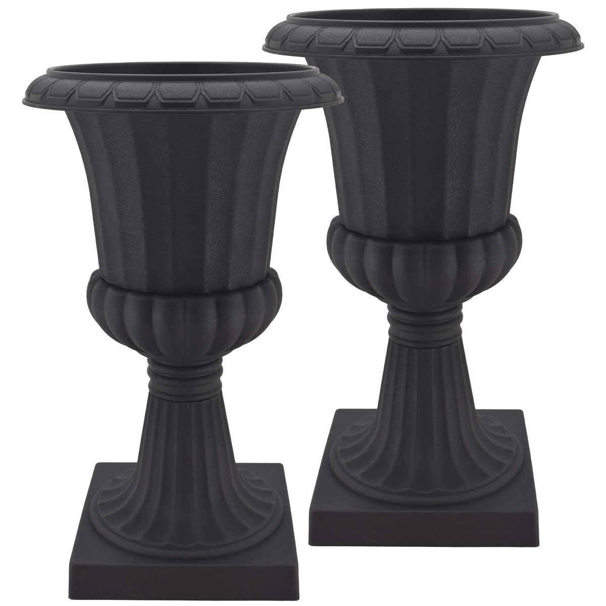 Arcadia Garden Products front view of black pedestal urn showing elegant shape and instant curb appeal