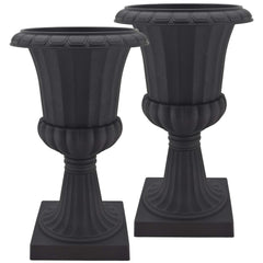 Arcadia Garden Products front view of black pedestal urn showing elegant shape and instant curb appeal