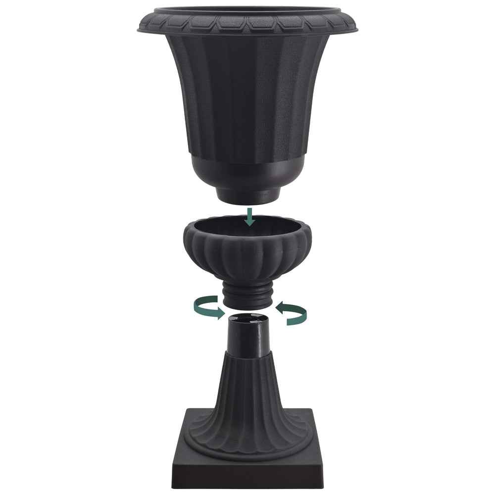 Arcadia Garden Products urn beside a chair showing size and scale for styling and placement guidance