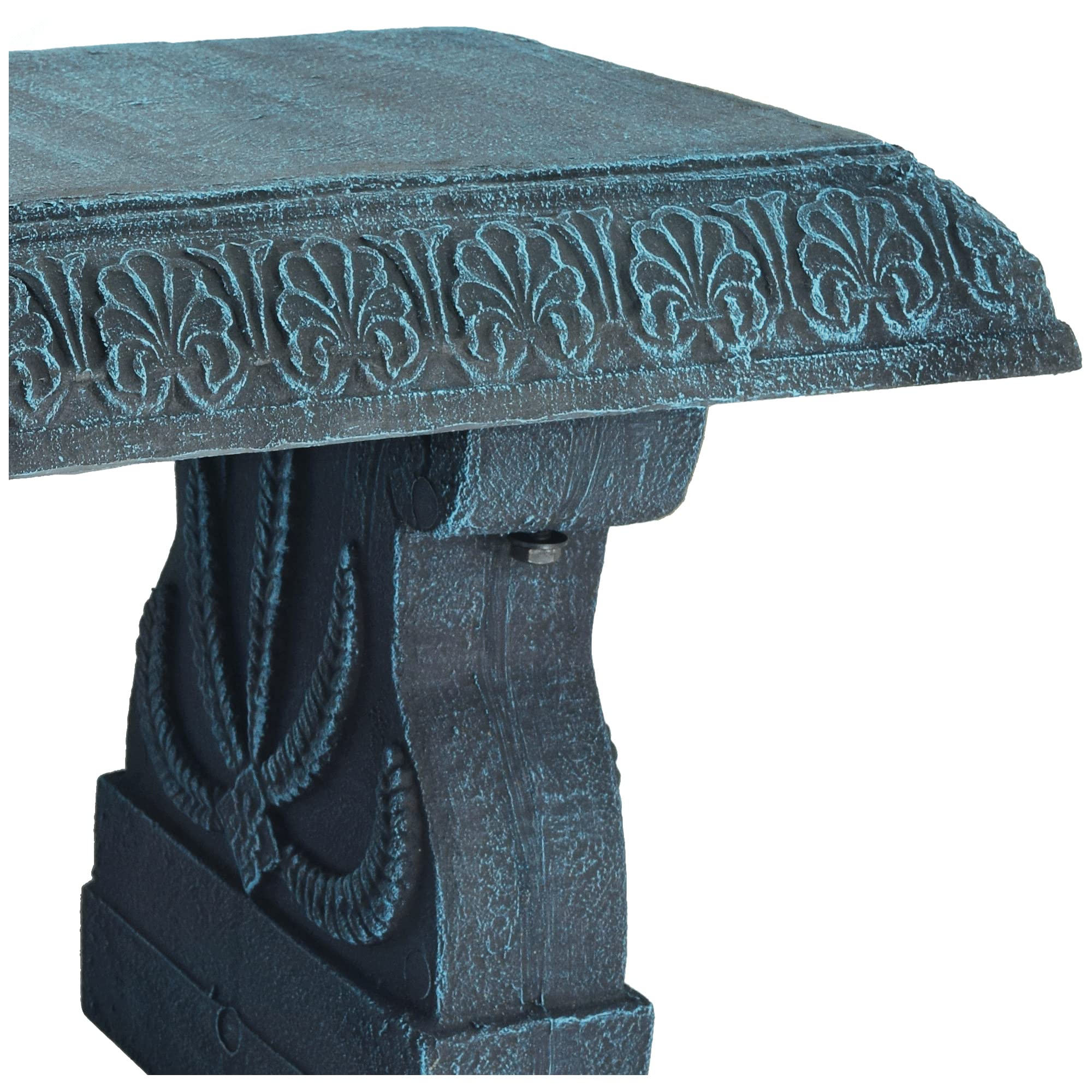 Arcadia bench brushed teal texture close-up shows weathered patina benefit
