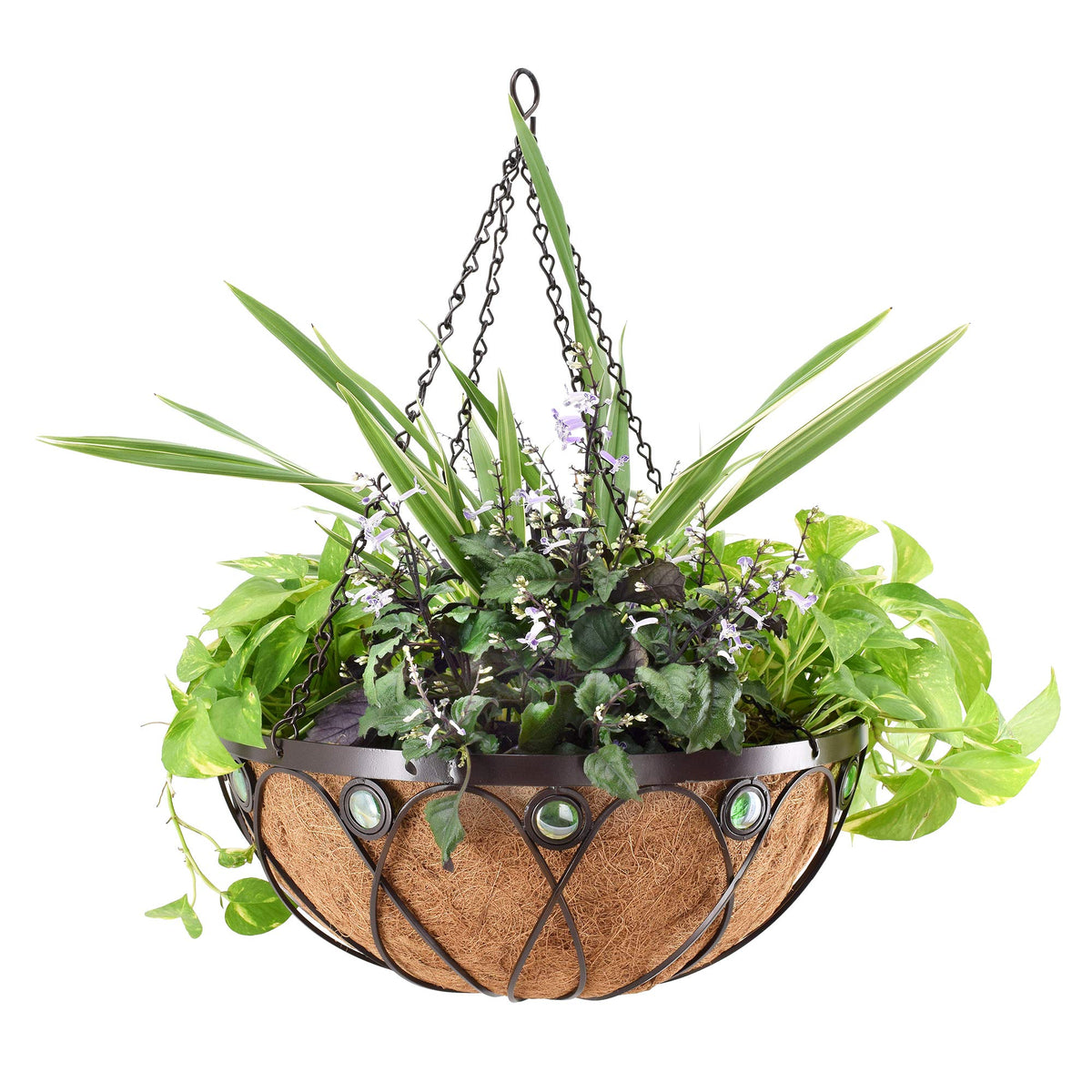 Arcadia Garden Products front view of metal hanging basket showing copper accents and emerald marbles, decorative appeal
