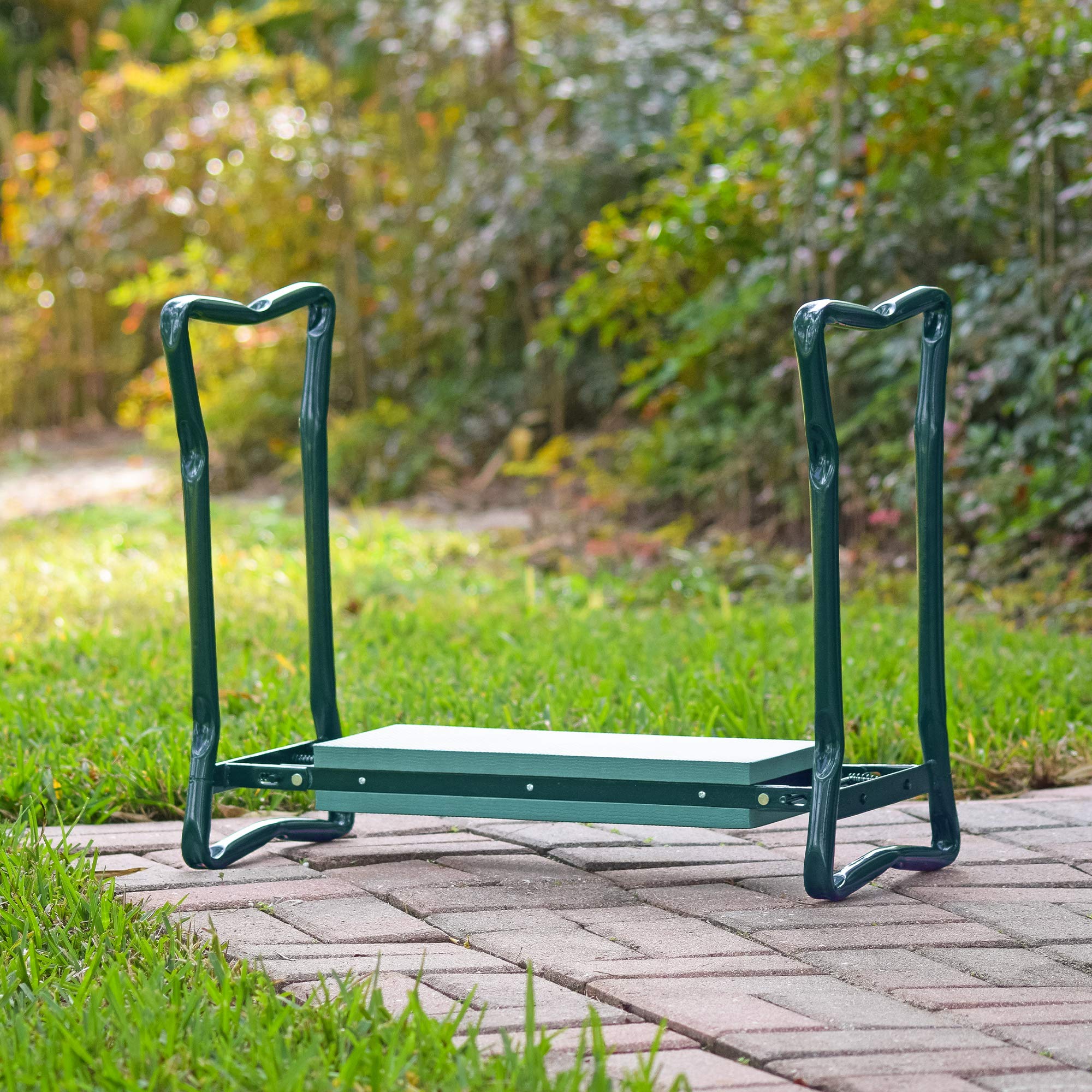 Arcadia Garden Products in-use kneeling while weeding demonstrating posture support