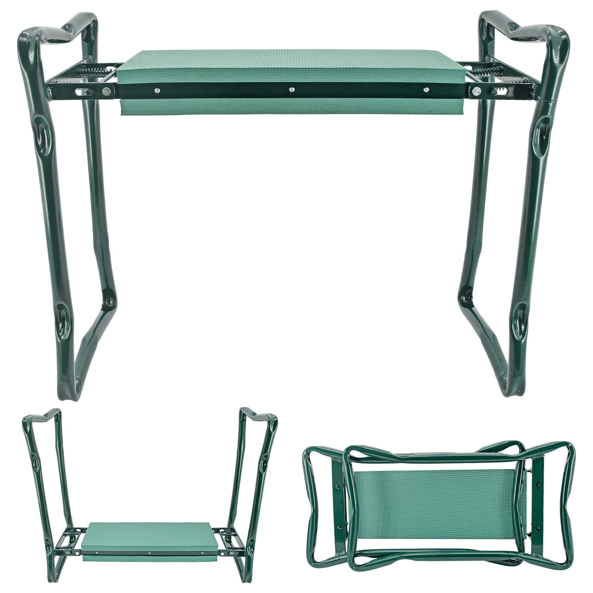 Arcadia Garden Products front view showing foldable seat and stable frame benefit comfort