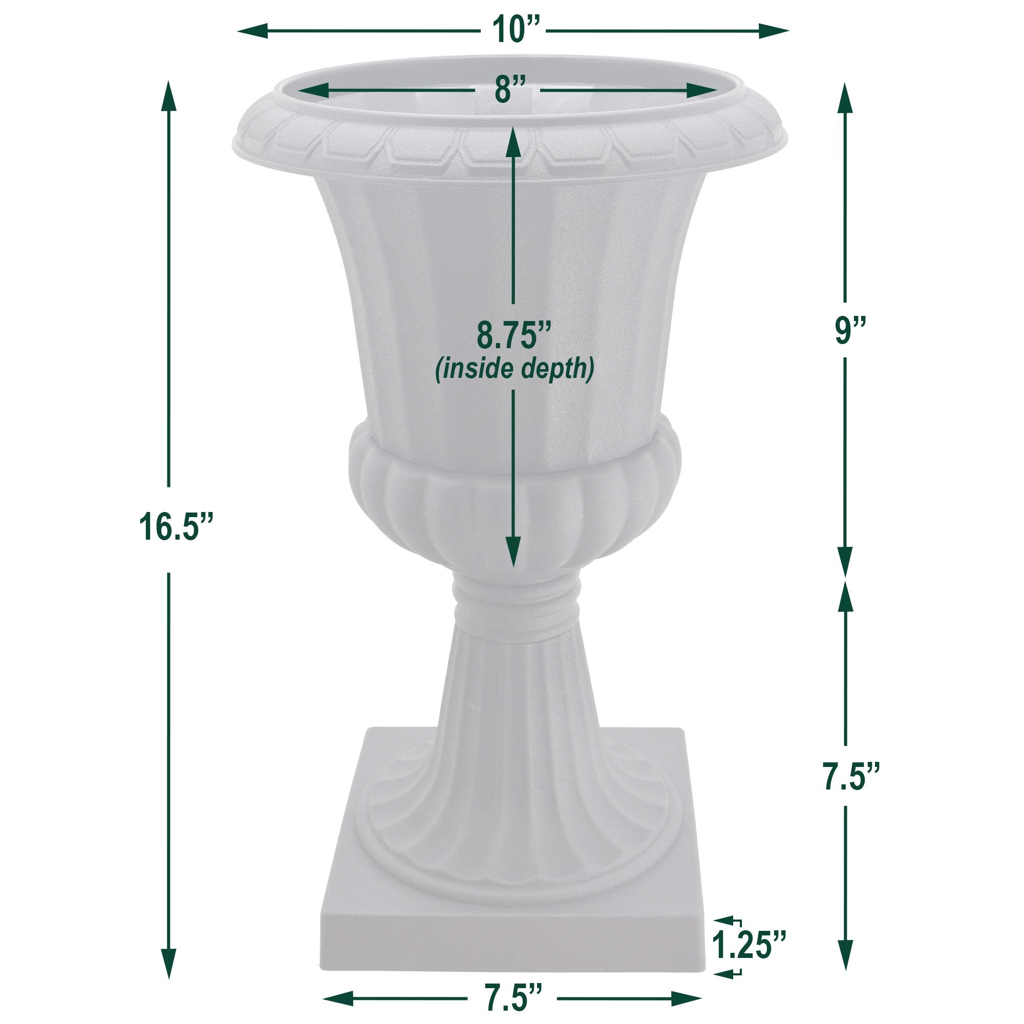 Arcadia Garden Products urns on patio with flowers showing weather-resistant outdoor styling