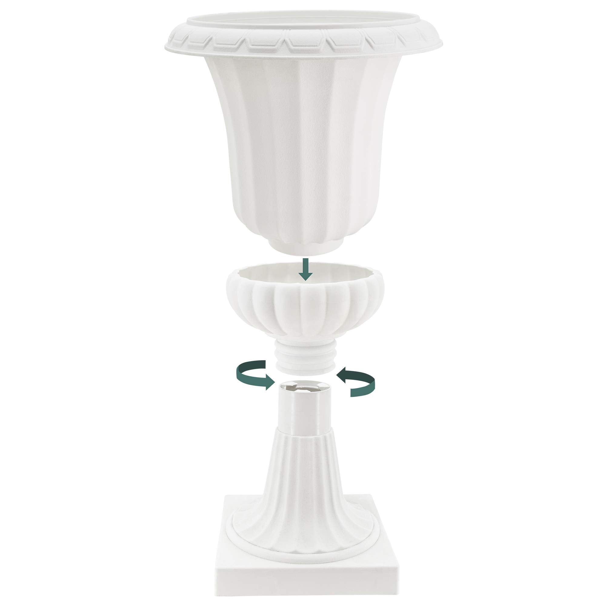 Arcadia Garden Products urn next to chair showing scale and space-saving benefit